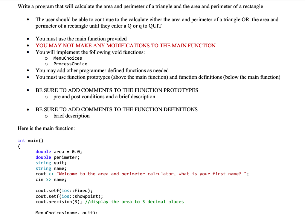 Solved Write a program that will calculate the area and | Chegg.com