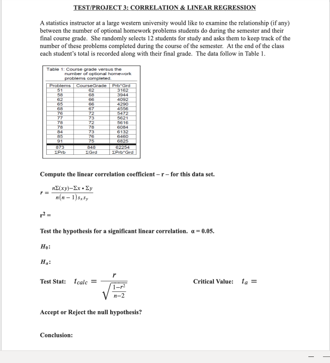 Solved TEST/PROJECT 3: CORRELATION & LINEAR REGRESSION A | Chegg.com