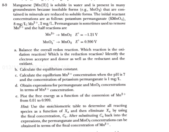 Solved 8-9 Manganese [Mn (II is soluble in water and is | Chegg.com