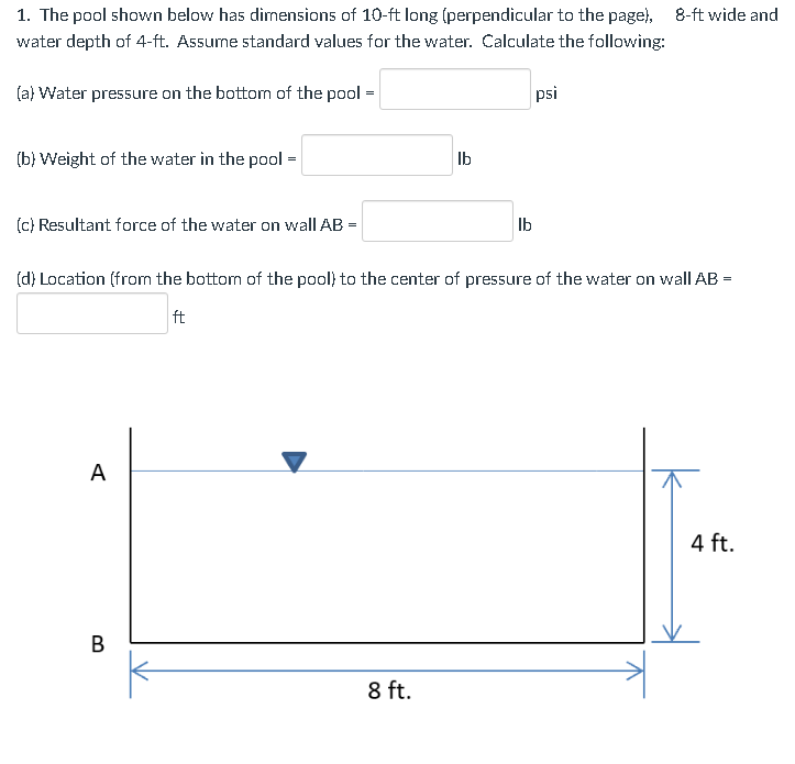 Solved 1. The pool shown below has dimensions of 10-ft long | Chegg.com
