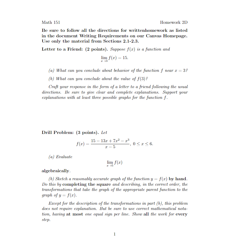 Solved Math 151 Homework 2D Be sure to follow all the | Chegg.com