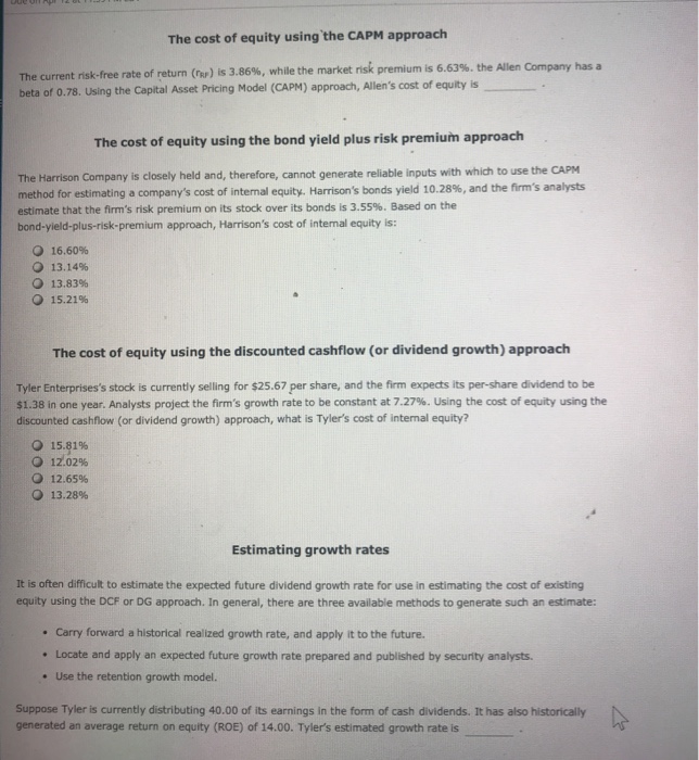 Solved the cost of equity using the capm approach the chegg