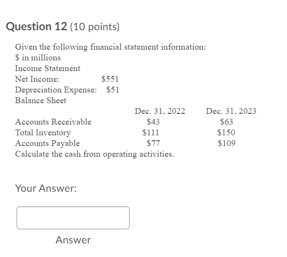 Solved Question 12 (10 points) Given the following financial | Chegg.com