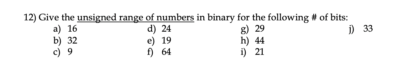 Solved 12) Give the unsigned range of numbers in binary for | Chegg.com