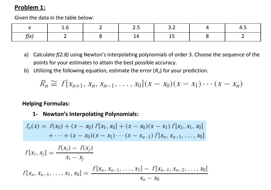 Solved Problem 1: Given the data in the table below: х 1.6 2 | Chegg.com