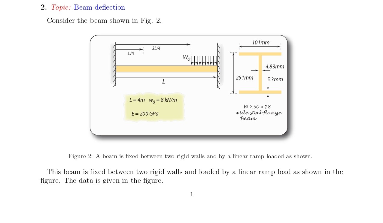 2. Topic: Beam deflection
Consider the beam shown in Fig. 2 .
Figure 2: A beam is fixed between two rigid walls and by a line