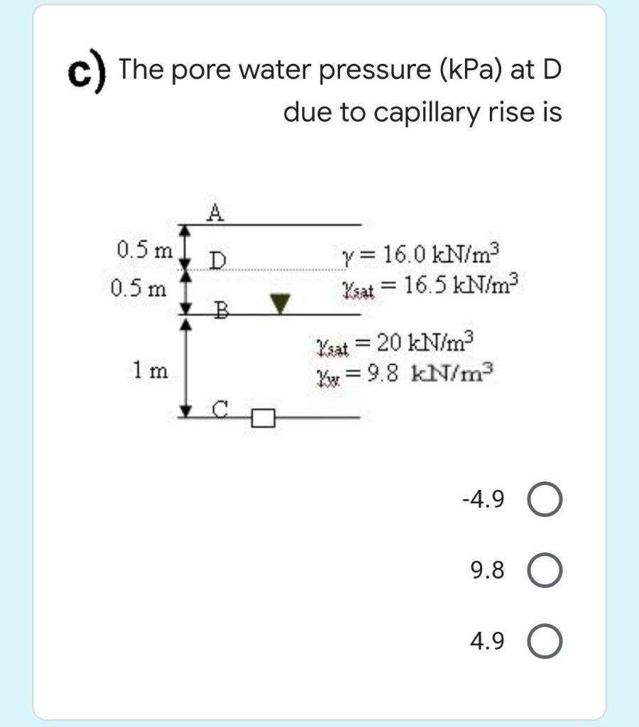 Solved C The Pore Water Pressure kPa At D Due To Chegg