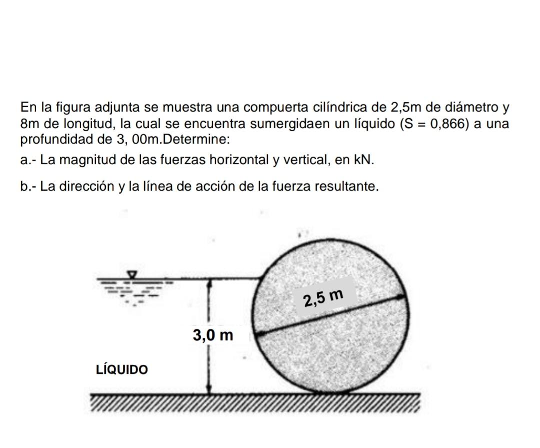 En la figura adjunta se muestra una compuerta cilíndrica de 2,5m de diámetro y 8m de longitud, la cual se encuentra sumergida