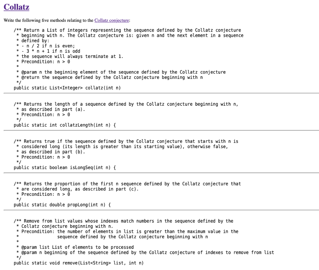Solved Collatz Write the following five methods relating to | Chegg.com