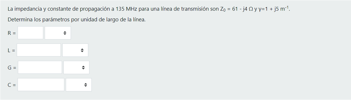 La impedancia y constante de propagación a 135 MHz para una línea de transmisión son Zo = 61 - j4 2 y y=1 + j5 m-1. Determina