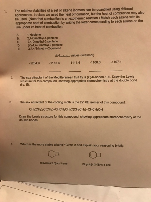 Solved 1. The Relative Stabilities Of A Set Of Alkene | Chegg.com