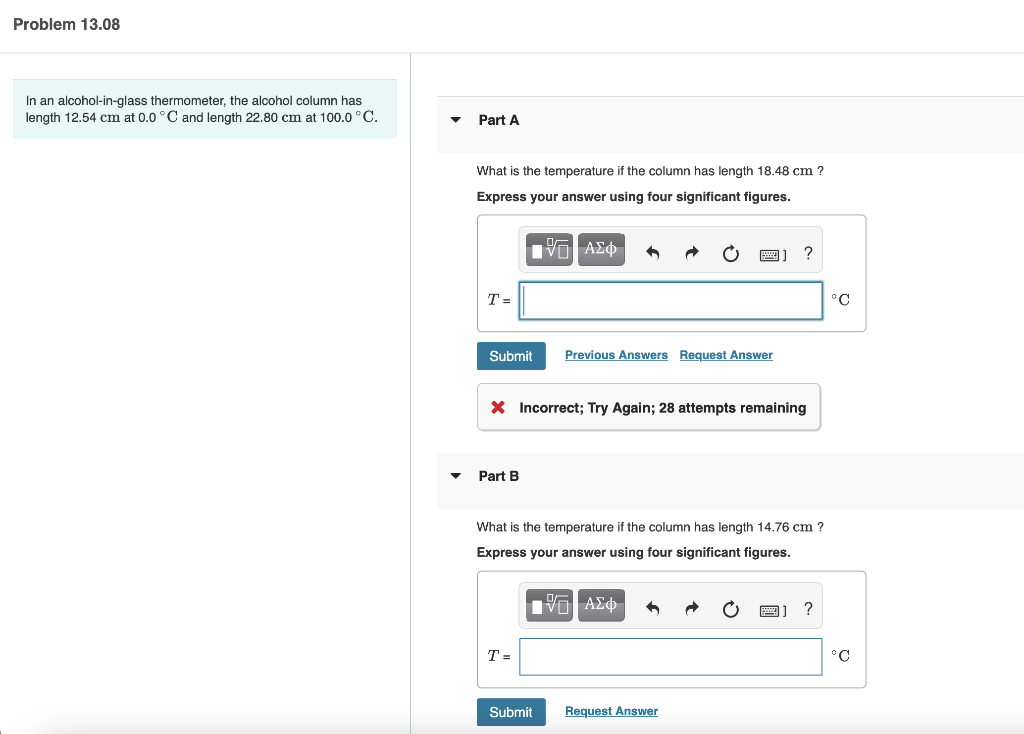 Solved Problem 13.08 In an alcoholinglass thermometer, the