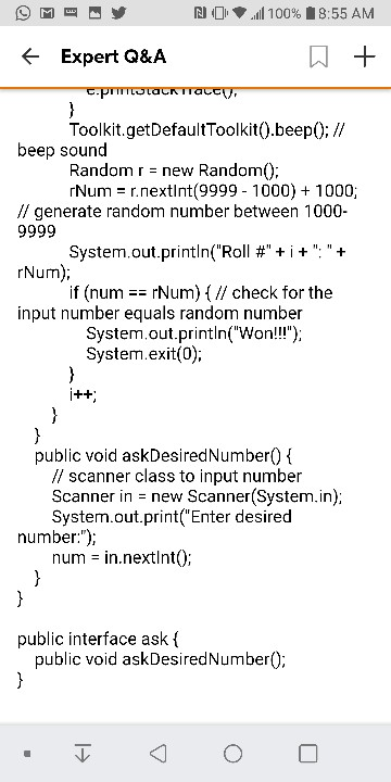 OM- NO 100% 18:55 AM f Expert Q&A W + C.PUTULAUTTALC, Toolkit.getDefaultToolkit().beepO; // beep sound Random r = new Random(