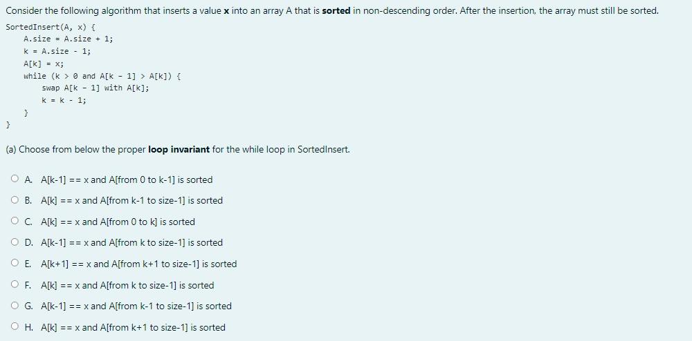 Solved Consider the following algorithm that inserts a value | Chegg.com
