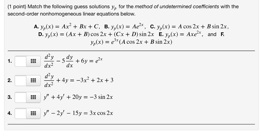 Solved (1 point) Match the following guess solutions yp for | Chegg.com