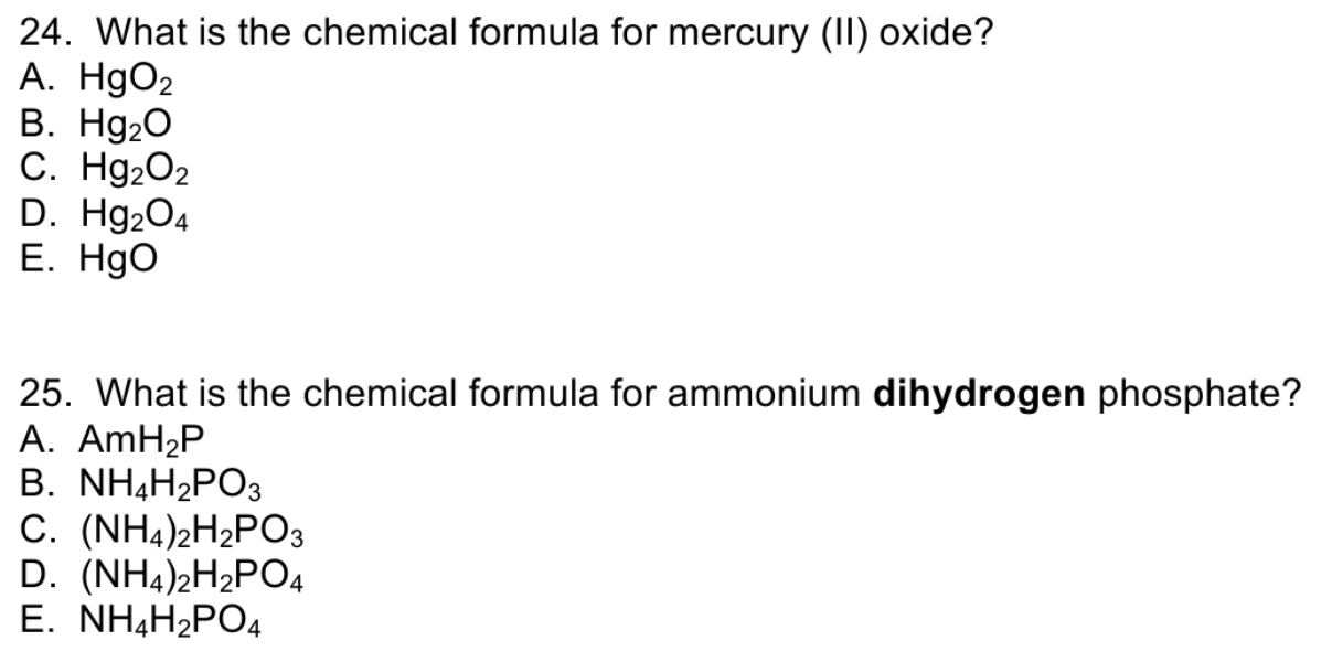 Solved 24. What is the chemical formula for mercury (11) | Chegg.com