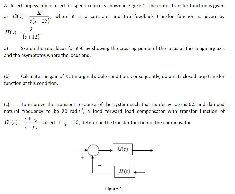 Solved = 1 A Closed Loop System Is Used For Speed Control S | Chegg.com