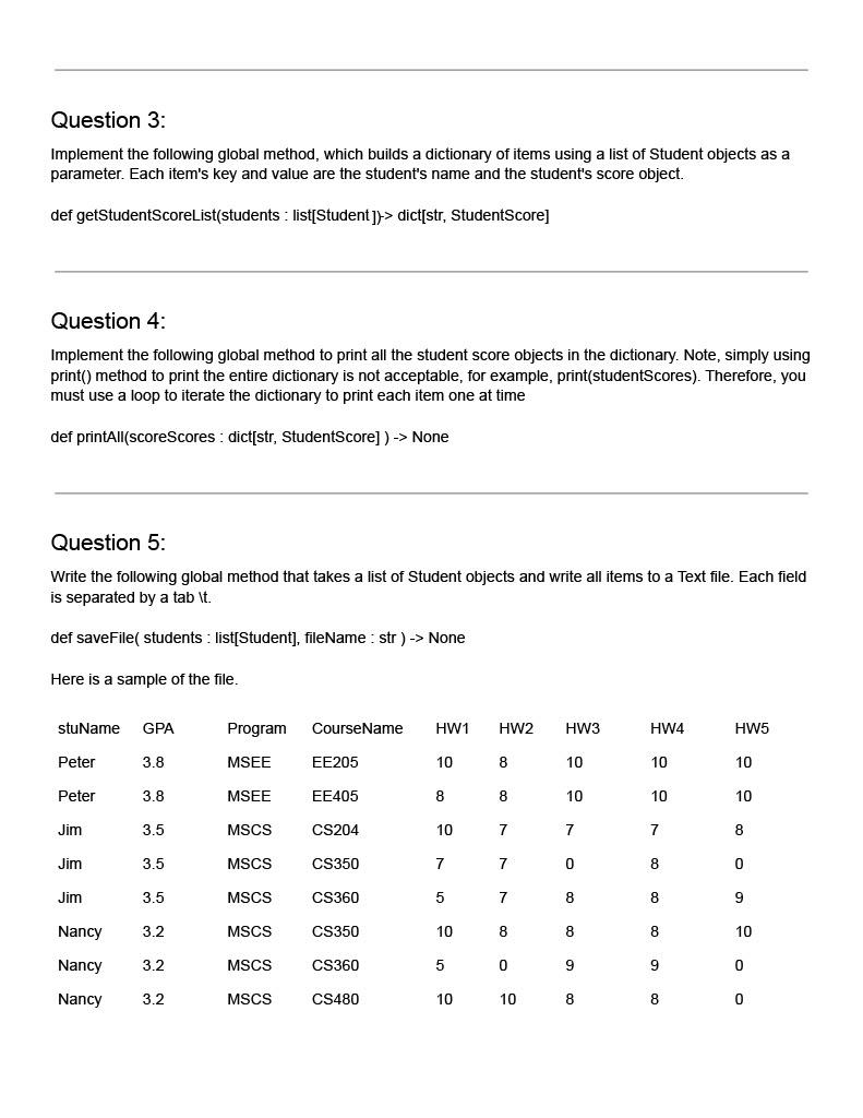 Question 3:
Implement the following global method, which builds a dictionary of items using a list of Student objects as a pa