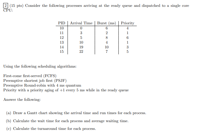 Solved 2 (15 Pts) Consider The Following Processes Arriving | Chegg.com