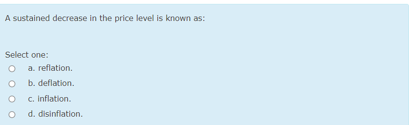 Solved A sustained decrease in the price level is known as: | Chegg.com