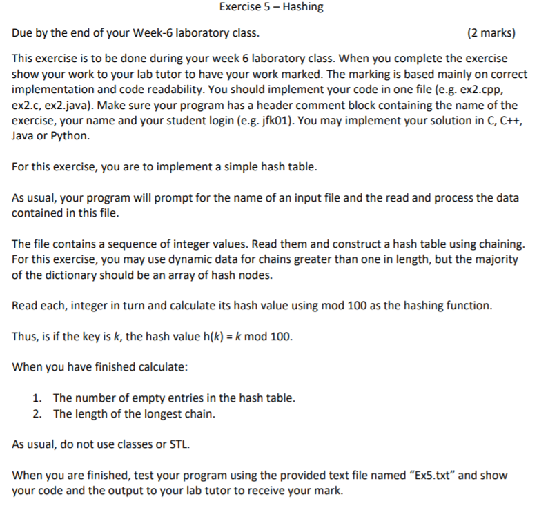 Solved Exercise 5- Hashing Due by the end of your Week-6 | Chegg.com