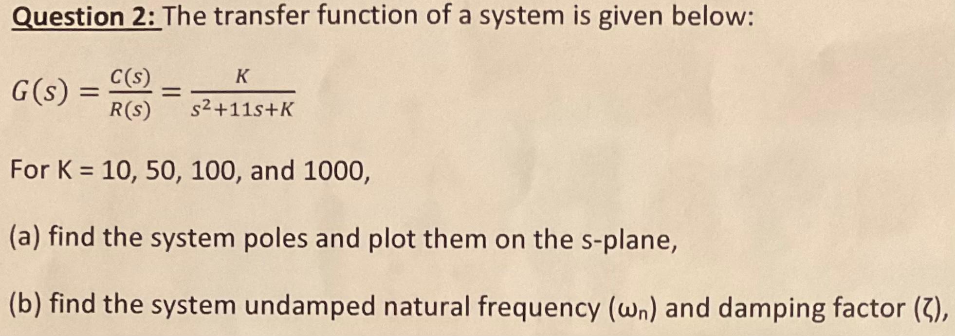 Solved Question 2: The transfer function of a system is | Chegg.com
