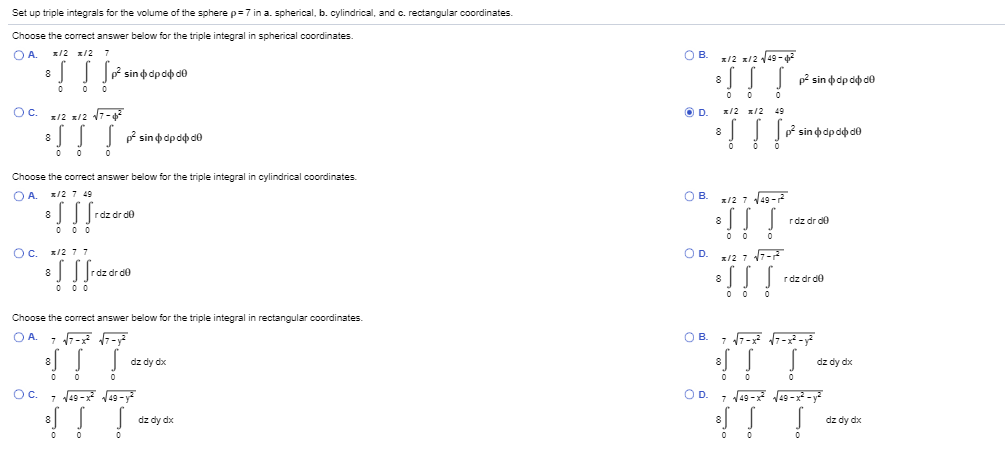 Solved Set Up Triple Integrals For The Volume Of The Sphere | Chegg.com