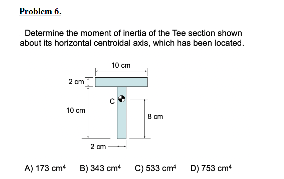 Determine the moment of inertia of the Tee section shown about its horizontal centroidal axis, which has been located.
A) \(