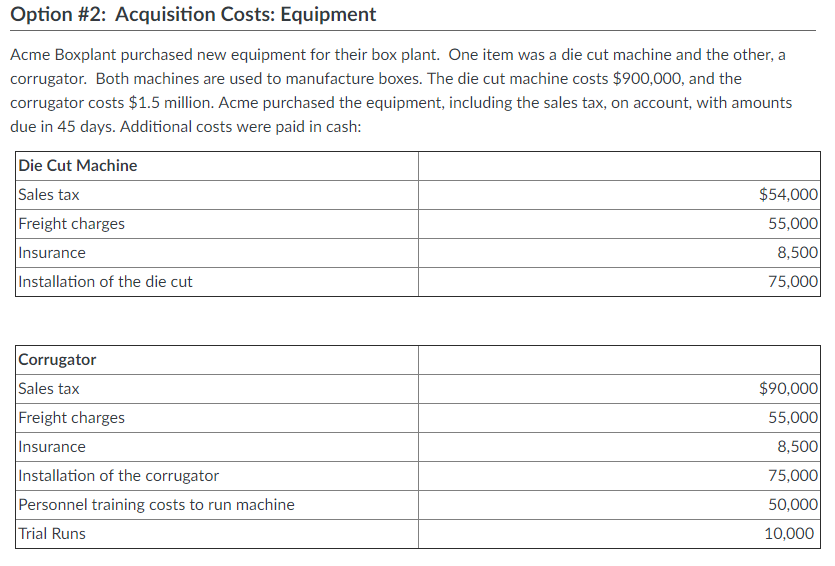 Solved Option 2 Acquisition Costs. Equipment Acme Boxplant