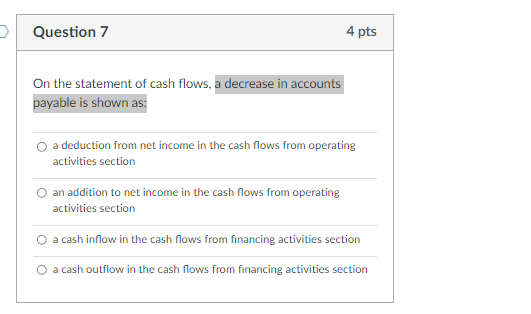 Solved > Question 7 4 pts On the statement of cash flows, a | Chegg.com