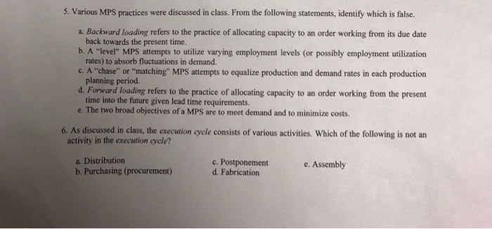 Solved 5. Various MPS practices were discussed in class. | Chegg.com