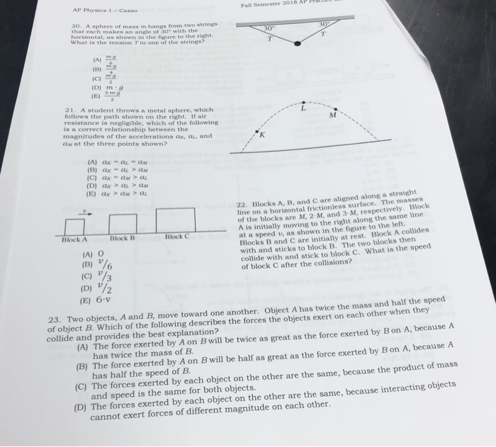 Solved AP Physics 1 -Casno Pall semester 20ǐ8 Ap p 20, A | Chegg.com