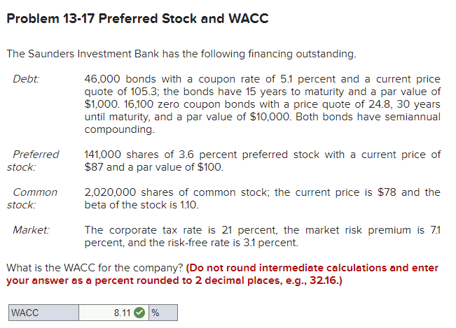 Solved Problem 13-17 Preferred Stock and WACC The Saunders