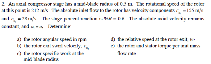 Solved 2. An axial compressor stage has a mid-blade radius | Chegg.com
