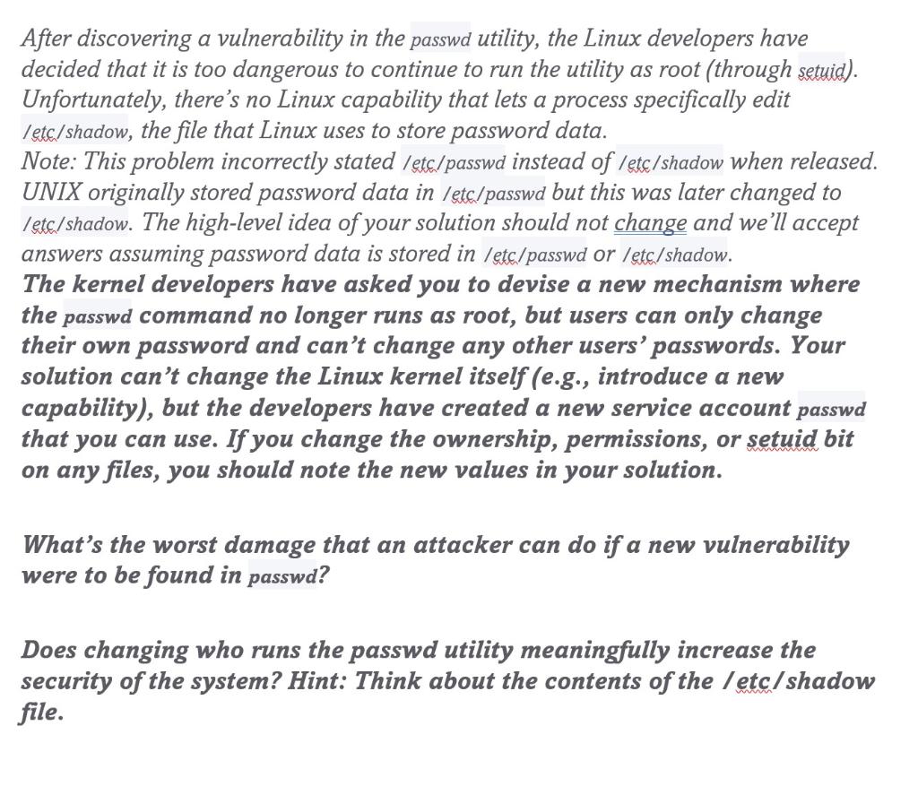 Solved After discovering a vulnerability in the passwd | Chegg.com