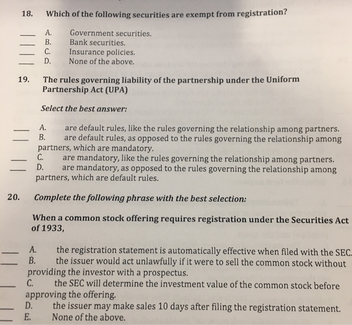 Solved Which of the following securities are exempt from