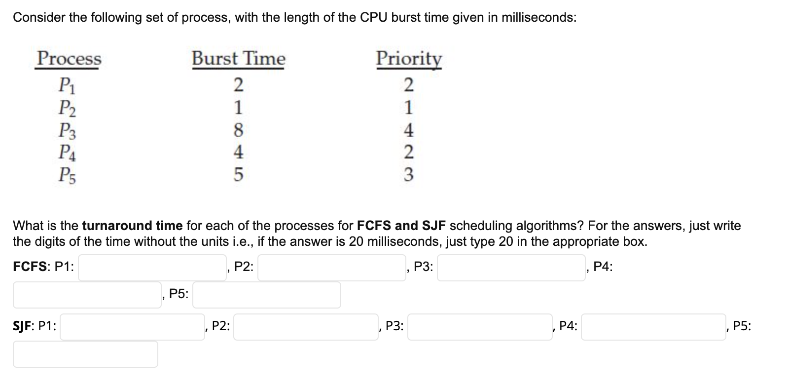 Consider the following set of process, with the length of the CPU burst time given in milliseconds:
What is the turnaround ti