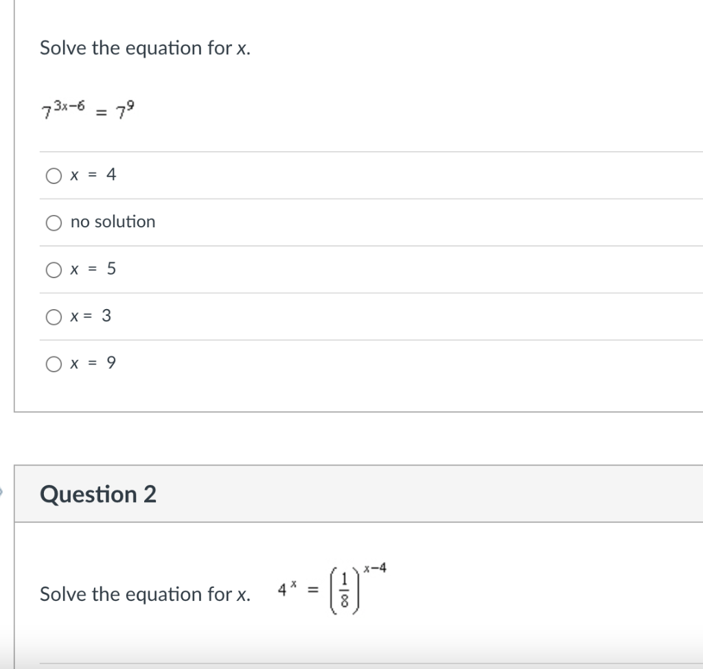 Solved Solve the equation for x. 73x6 = 79 X = 4 no solution | Chegg.com