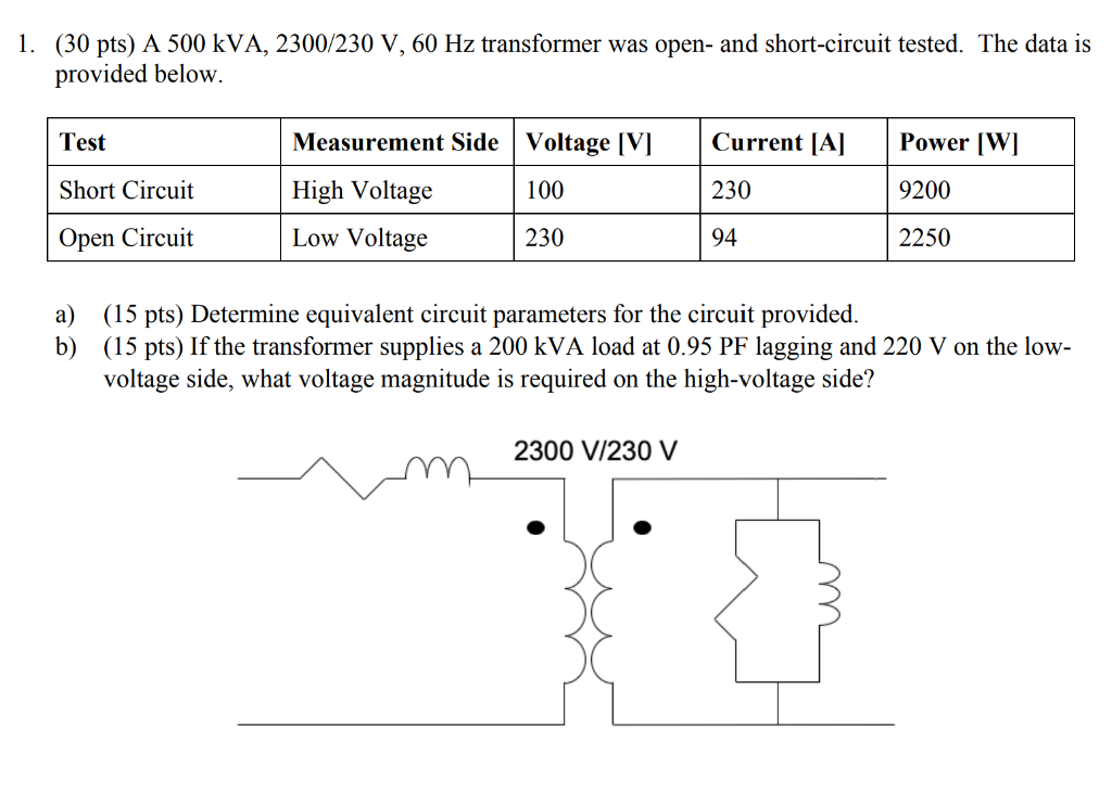 Solved 1. (30 pts) A 500 kVA, 2300/230 V, 60 Hz transformer | Chegg.com