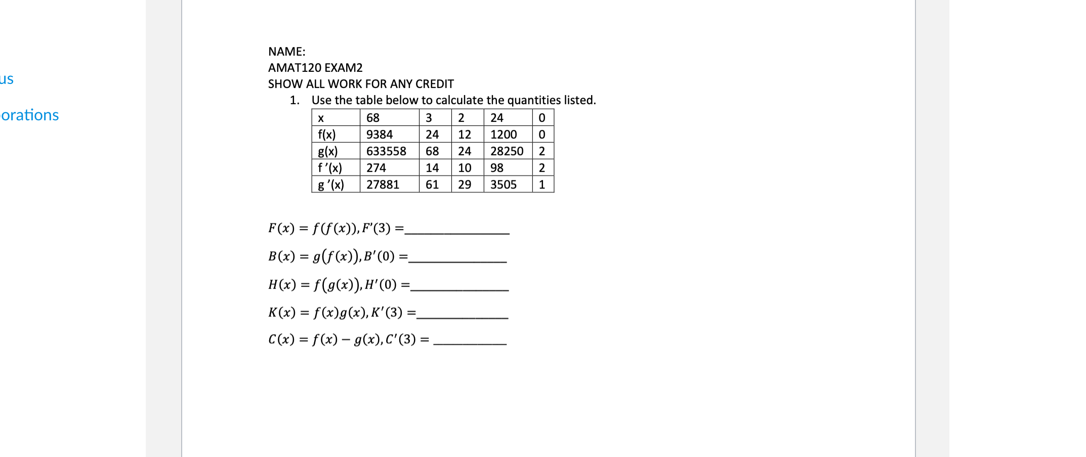 Us Orations Name Amat1 Exam2 Show All Work For Any Chegg Com