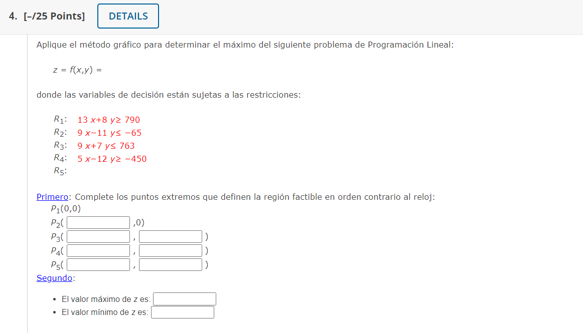 \[ z=f(x, y)= \] donde las variables de decisión están sujetas a las restricciones: \[ \begin{array}{ll} R_{1}: & 13 x+8 y \g