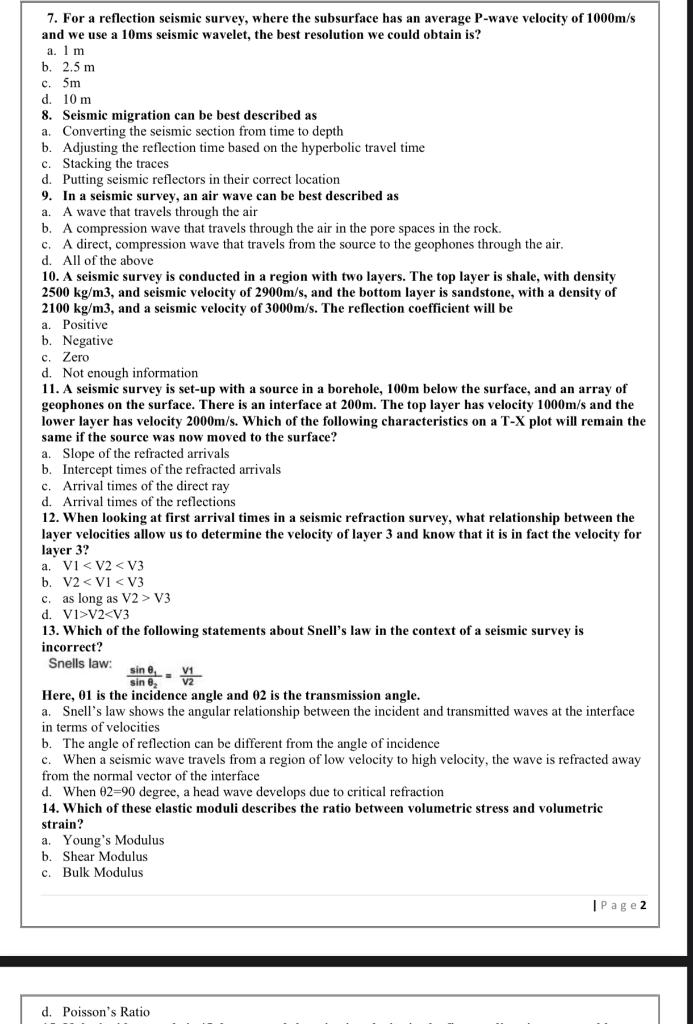 Solved 7. For a reflection seismic survey, where the | Chegg.com