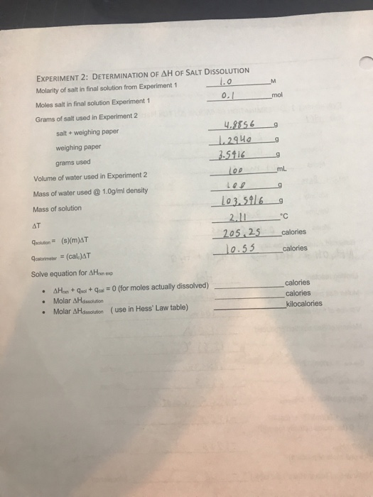 Solved EXPERIMENT 2 DETERMINATION OF ΔH OF SALT DISSOLUTION