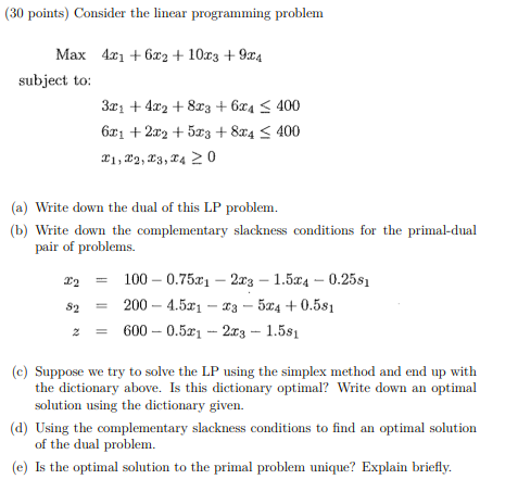Solved (30 points) Consider the linear programming problem | Chegg.com