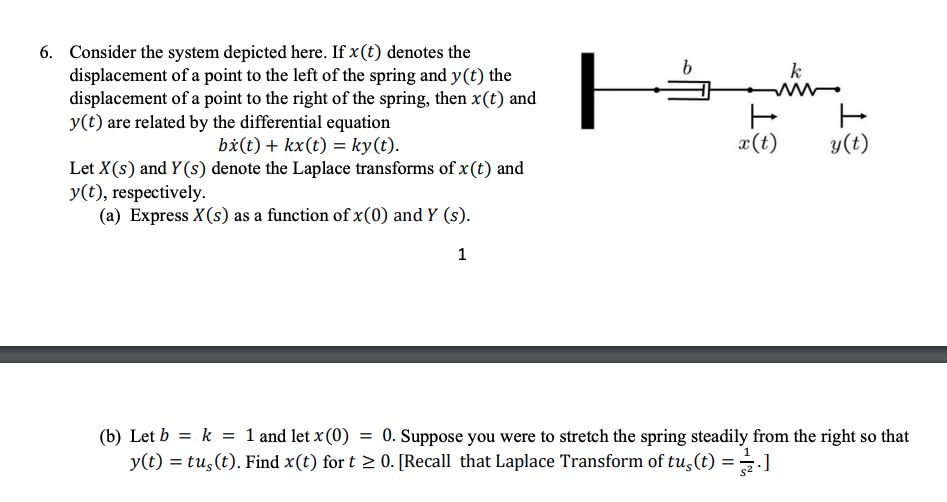 6. Consider the system depicted here. If \( x(t) \) denotes the displacement of a point to the left of the spring and \( y(t)