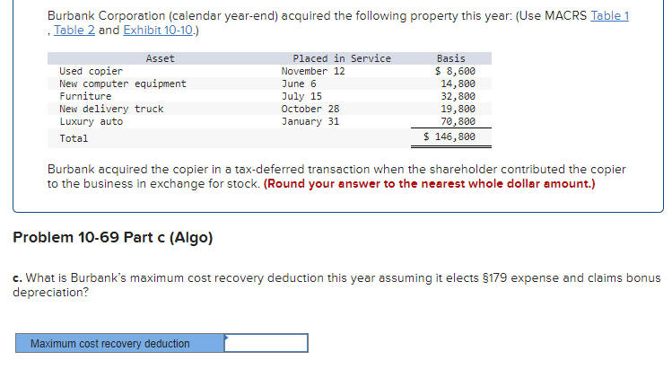 Solved Burbank Corporation (calendar year-end) acquired the | Chegg.com