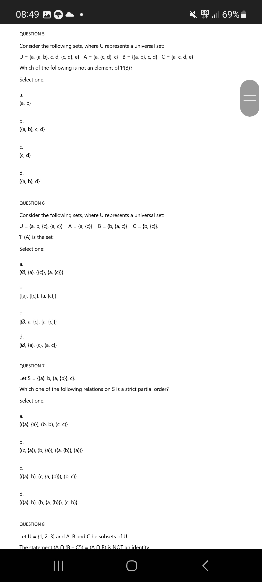 Solved Question 5 Consider The Following Sets Where U 1425