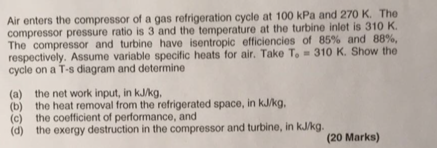 Solved Air enters the compressor of a gas refrigeration | Chegg.com