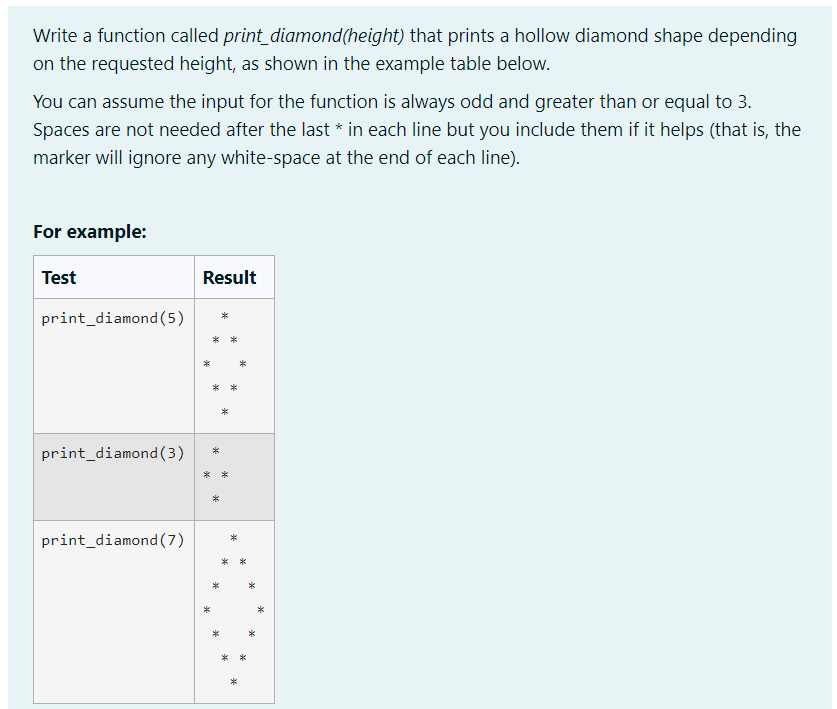 Solved Write a function called print_diamond(height) that | Chegg.com