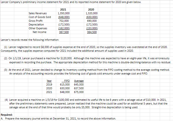 Lancer Company's preliminary income statement for | Chegg.com